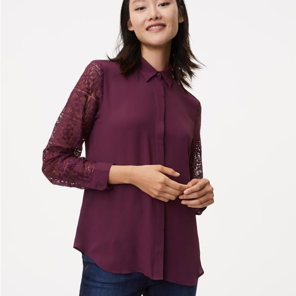 LOFT Lace Sleeve Burgundy Blouse